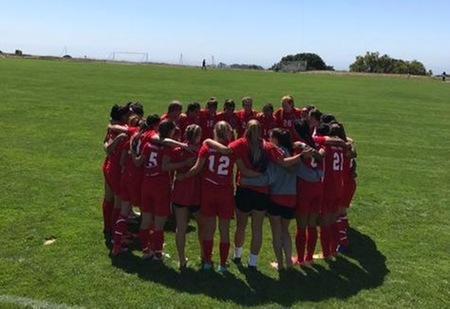 Women's soccer team in huddle.