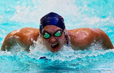 Mary Lane set a new school record in the 200 Butterfly with a time of 2:10.74. Photo: Guy Mohr