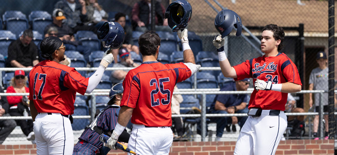 Teammates tap helmets to celebrate homerun!