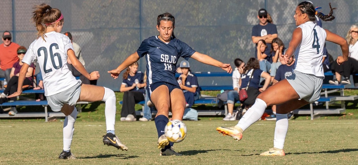 Bear Cubs&rsquo; defender/midfielder Natalie Ortiz gets a shot off as Cosumnes River&rsquo;s midfielder/forward Anisa Camila Gonzalez and defender Leiliana Medrano tries to block it at home on Tuesday, Oct. 29, 2024. Nathan Kaito Morris