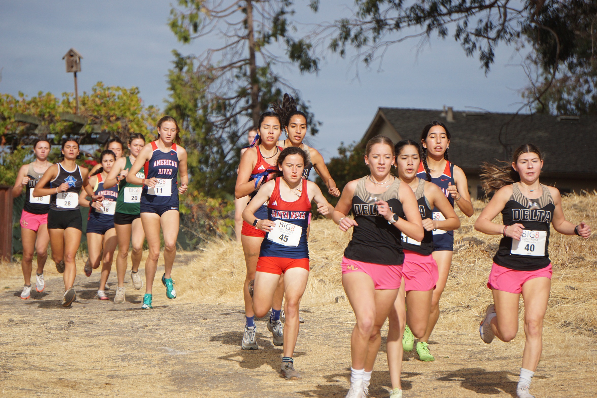 Female cross-country runners race on a dirt trail surrounded by dry grass and trees.